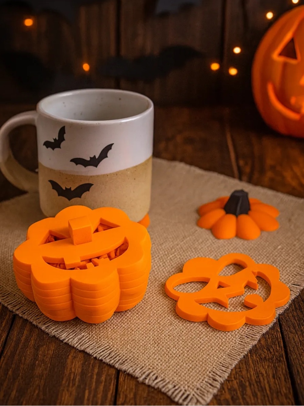 3D Printed Stackable Jack-O'-Lantern Pumpkin Coasters - Bright Orange